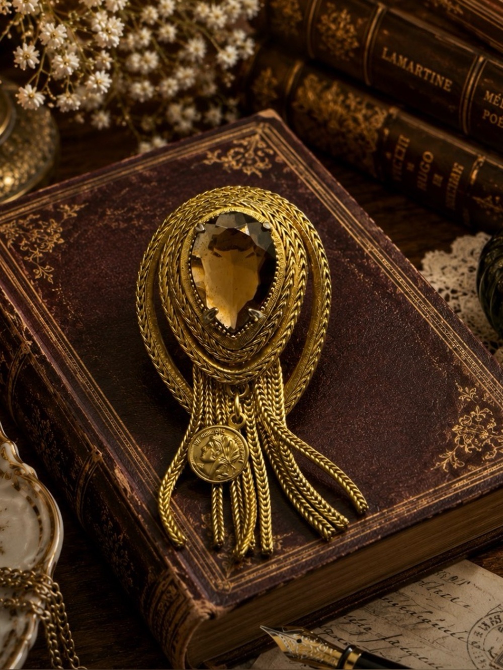 FLORENZA Rare Vintage Etruscan Revival Topaz Crystal Tassel Brooch/Pendant